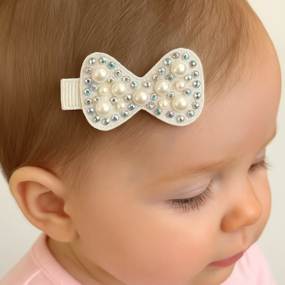 White Bow Hair Clips With Pearls And Rhinestones
